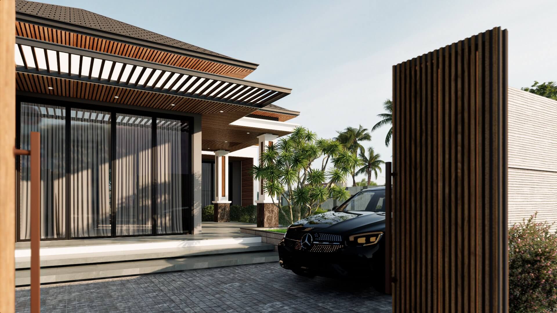 Phối cảnh mặt tiền nhà với tường ốp gạch thẻ và sân vườn