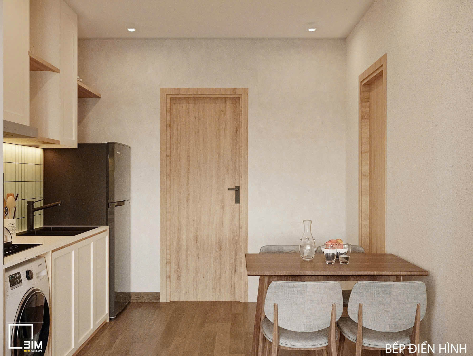 Thiết kế nội thất căn hộ penthouse có bếp nhỏ gọn, tiện nghi với tủ gỗ sáng