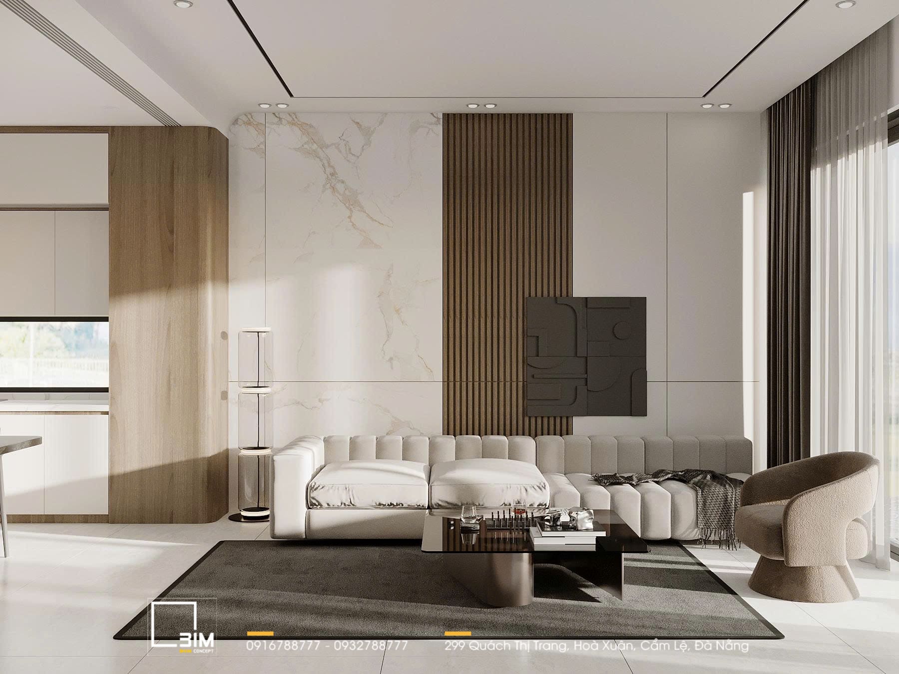 Phòng khách cao cấp với sofa chữ L và nội thất tinh tế