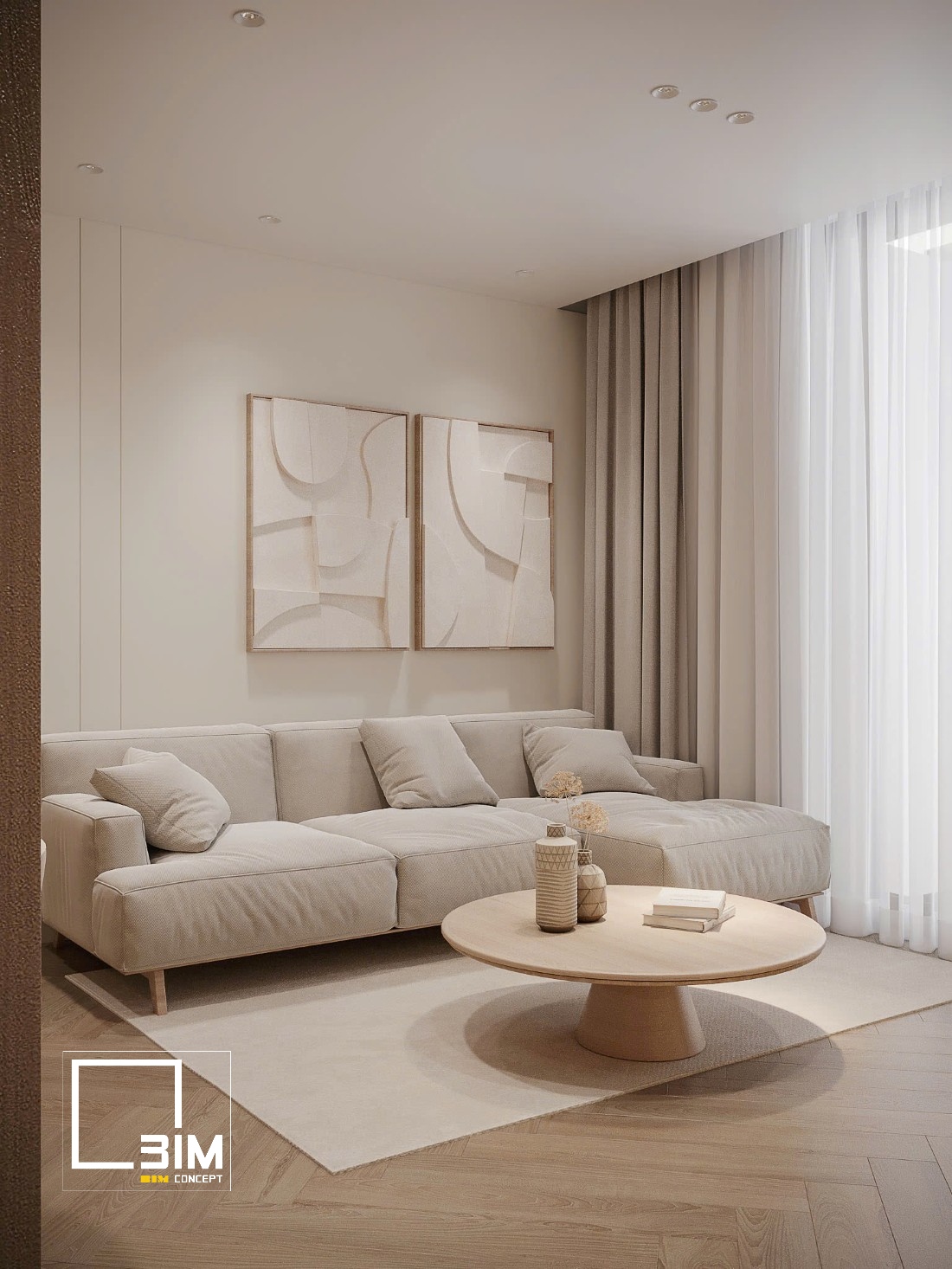 Phòng khách đơn giản, tinh tế với sofa chữ L và tranh treo tường