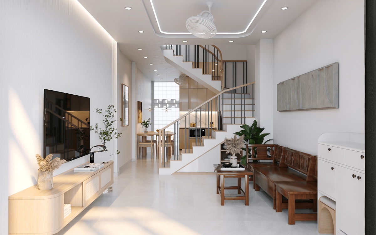 Phòng khách nhà ống 5m có cầu thang hạn chế