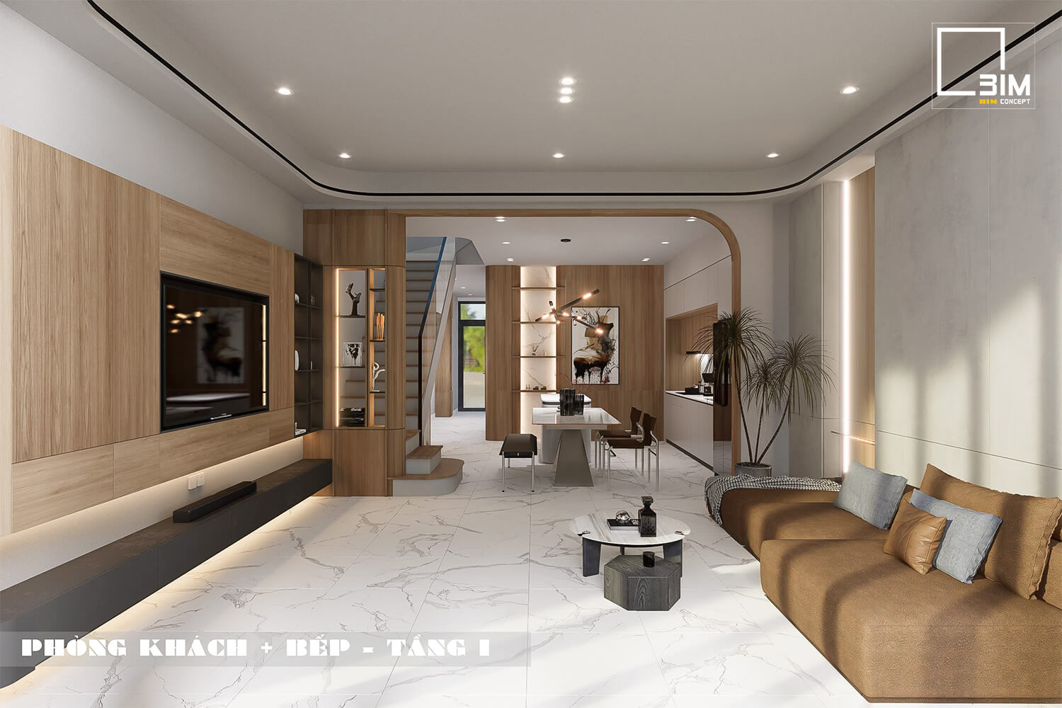 Phòng khách nhà phố 2 tầng, nội thất hiện đại, sáng sủa, ấm áp