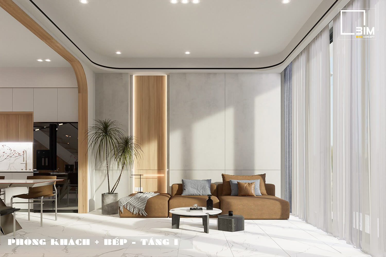 Phòng khách và bếp hiện đại, liên thông, ấm cúng