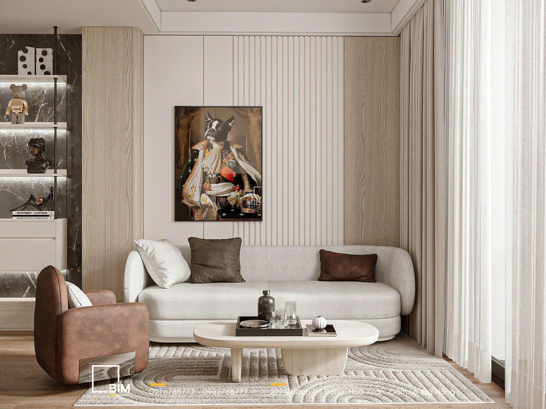 Phòng khách với sofa tông trắng thanh lịch