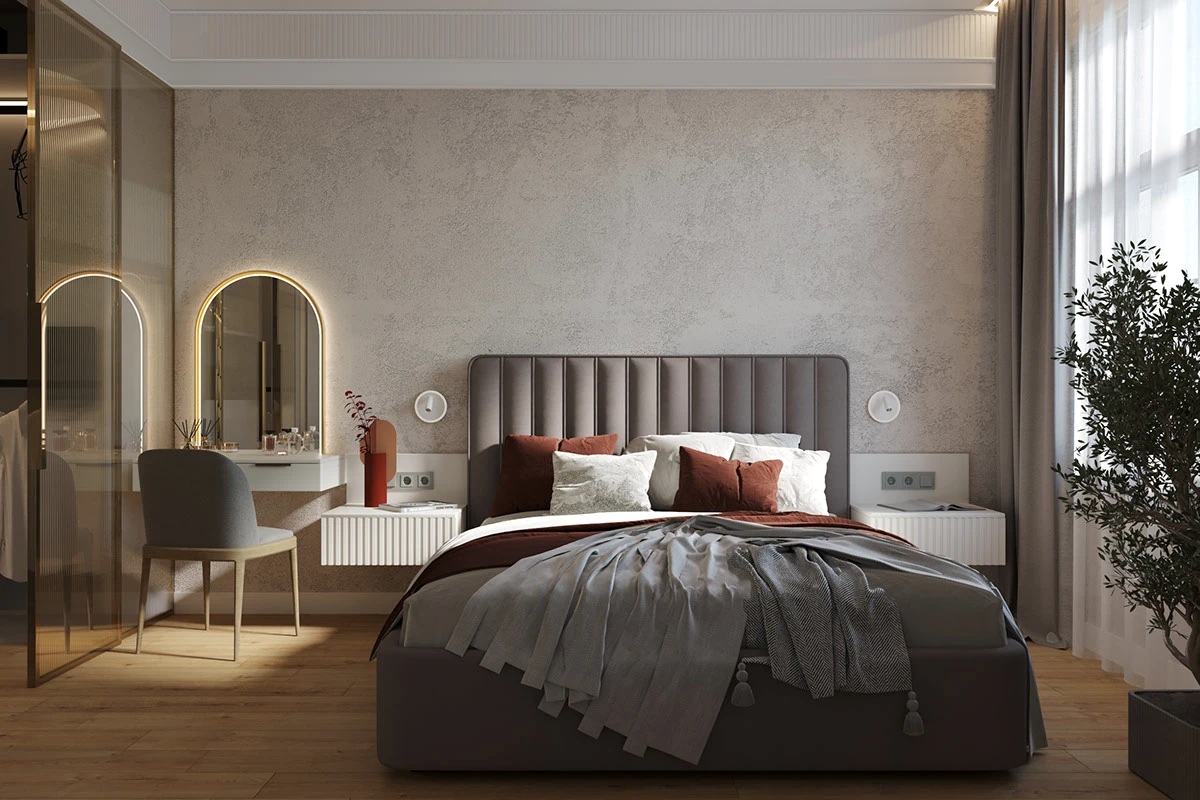 Phòng ngủ 15m2 phong cách hiện đại, giường ngủ lớn