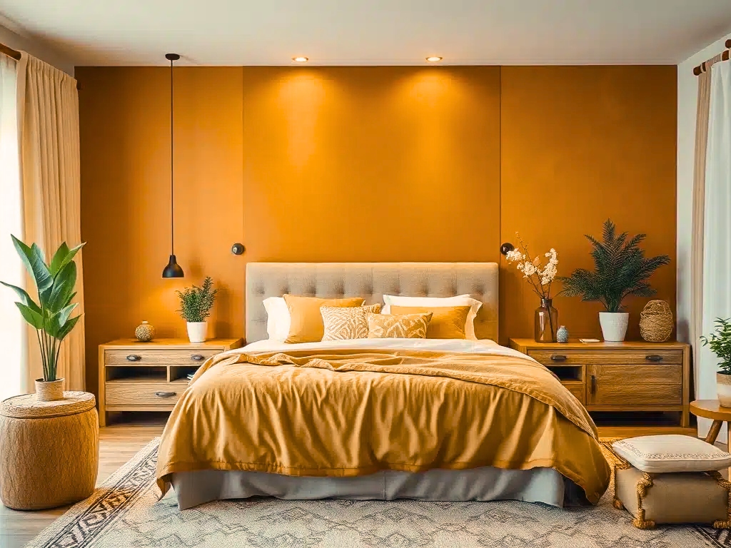 Phòng ngủ ấm cúng với tường màu vàng nâu