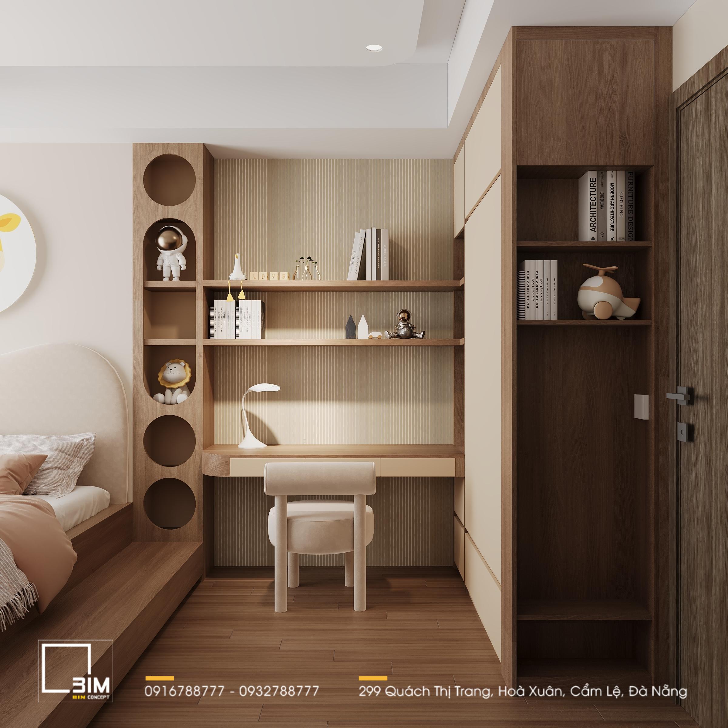 Thiết kế nội thất căn hộ 80m2, phòng ngủ có góc học tập và tủ đồ
