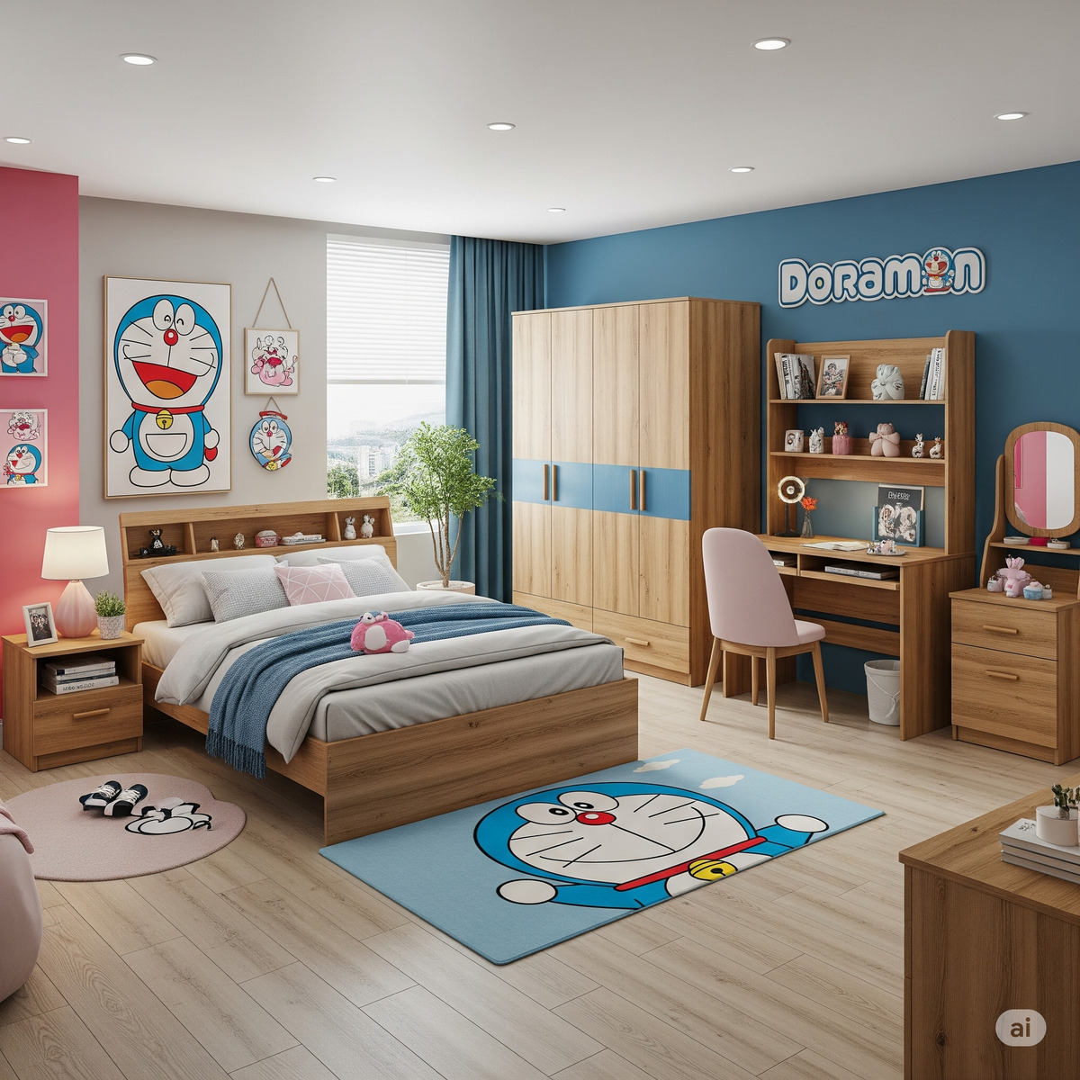 Mẫu phòng ngủ Doremon tông hồng ngọt ngào, dịu mắt