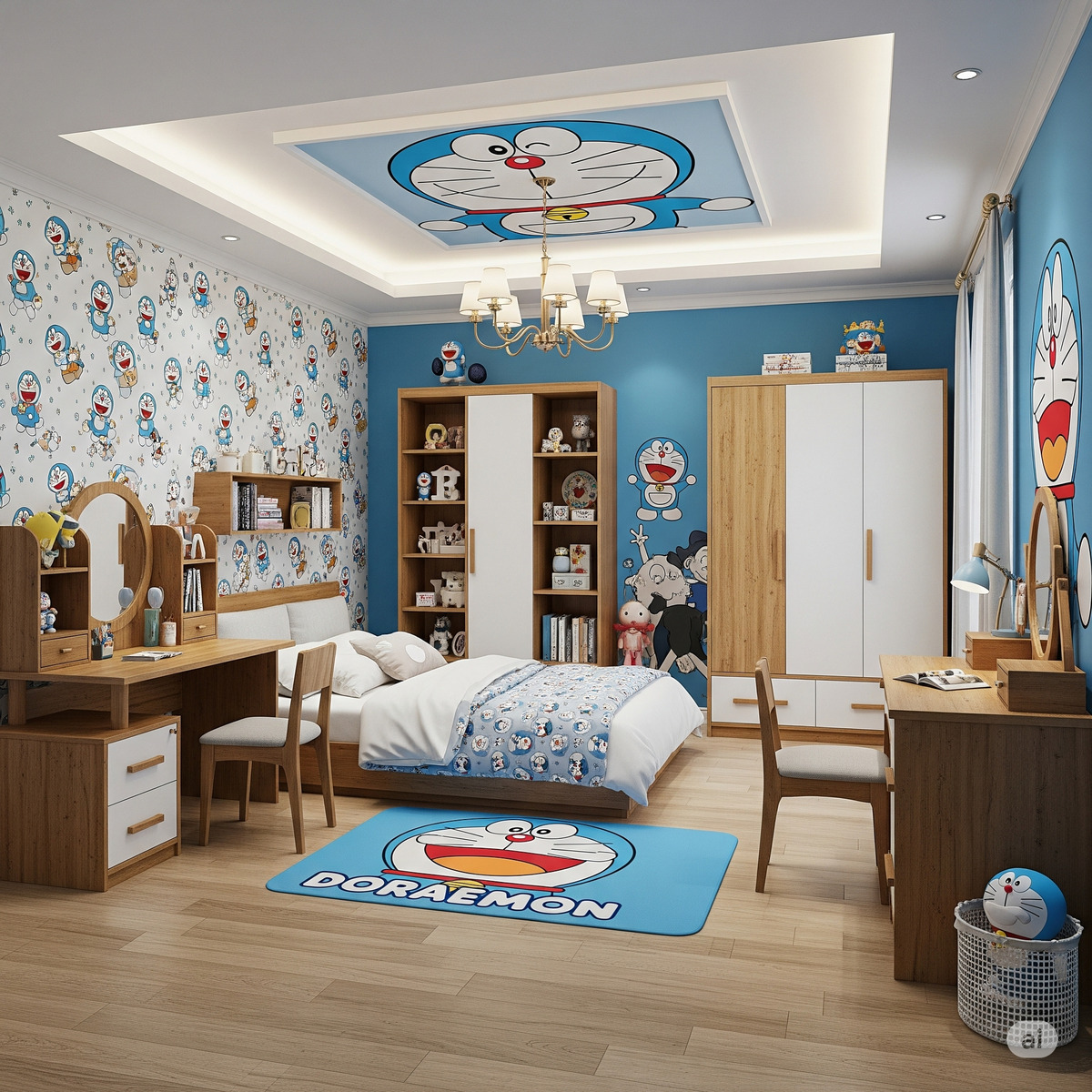 Phòng ngủ Doremon bé trai với trần thạch cao trang trí