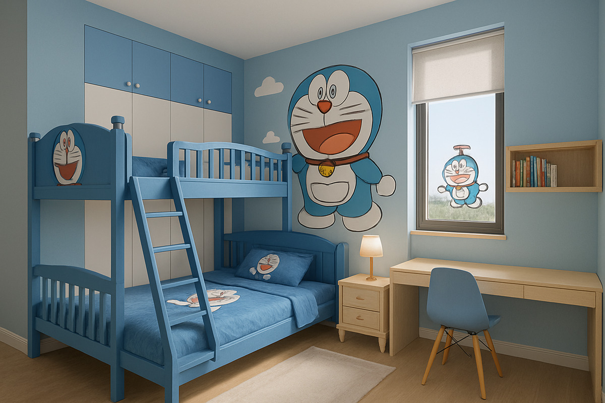 Mẫu phòng ngủ Doremon giường đôi êm ái, thoải mái