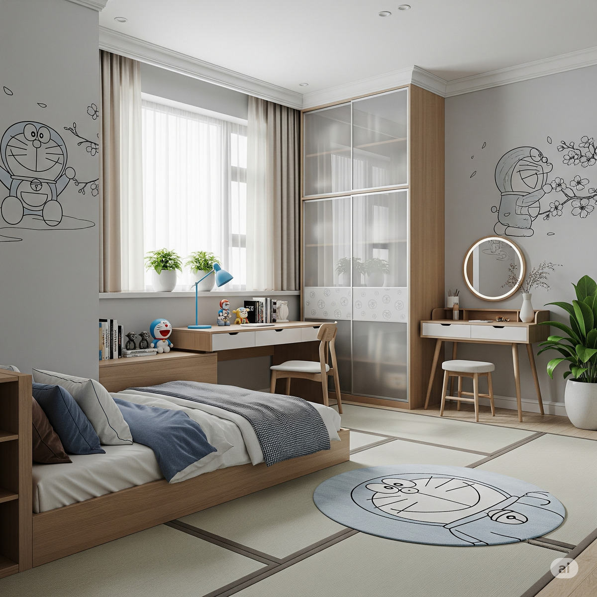 Phòng bé gái Doremon có bàn trang điểm nhỏ xinh
