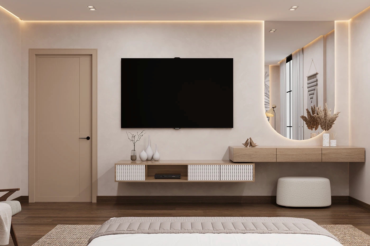 Phòng ngủ hiện đại, giường bệt, TV treo tường