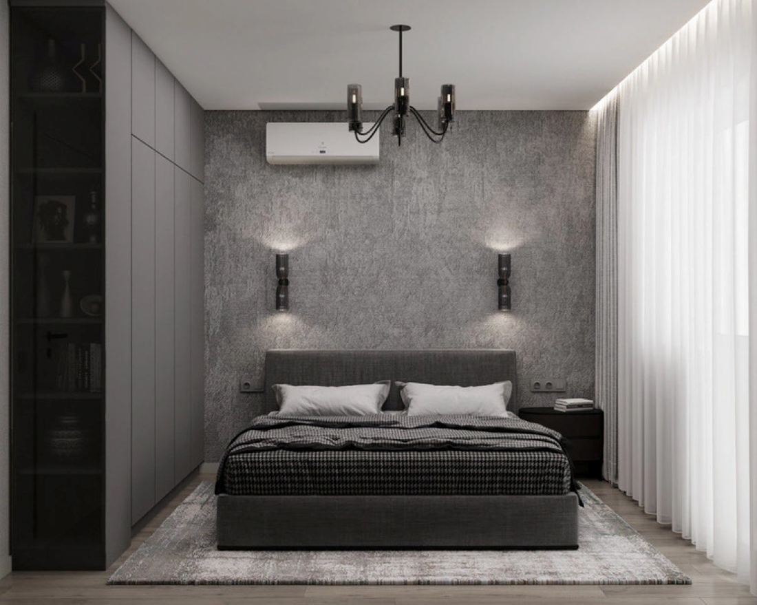Decor phòng ngủ màu xám hiện đại, cửa sổ lớn