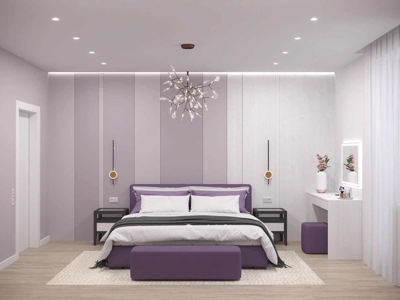 Phòng ngủ hiện đại với tông màu tím và trắng.