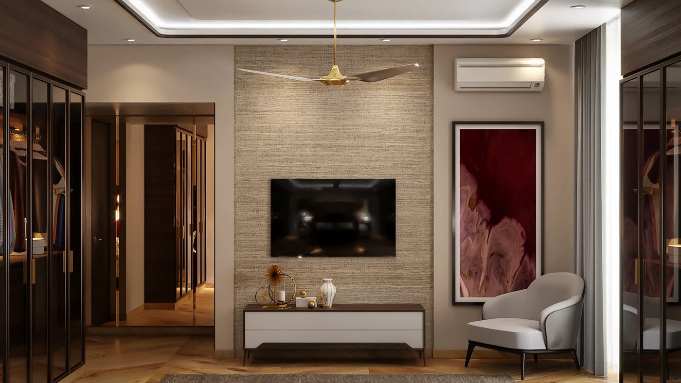 Phòng ngủ hiện đại, sang trọng, tivi và tủ quần áo lớn