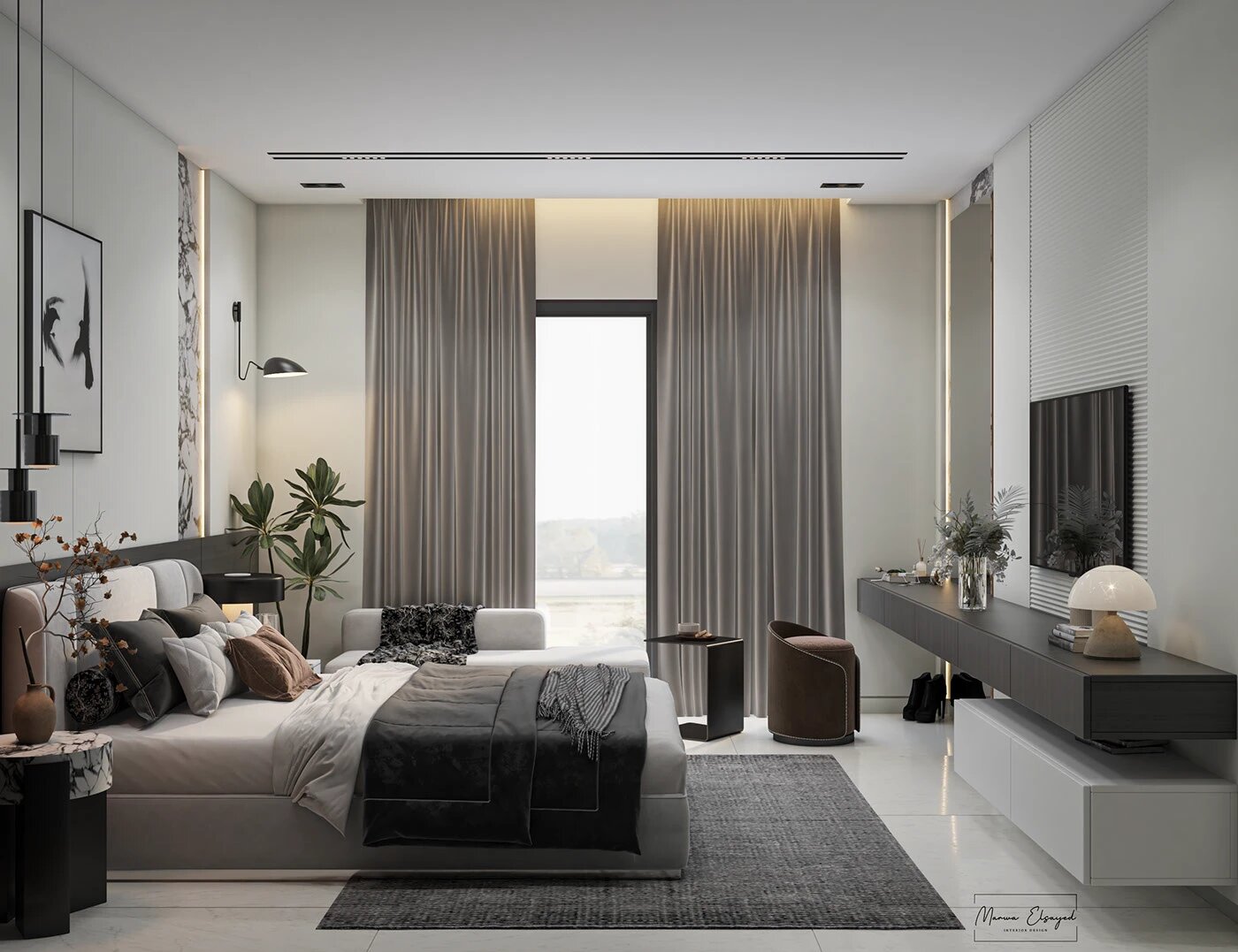 Phòng ngủ hiện đại với cửa sổ lớn, rèm cửa màu xám