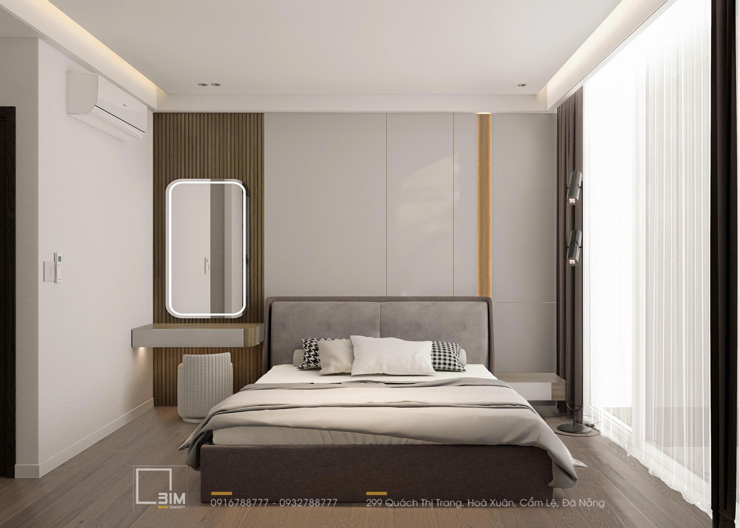 Phòng ngủ hiện đại với giường và bàn trang điểm