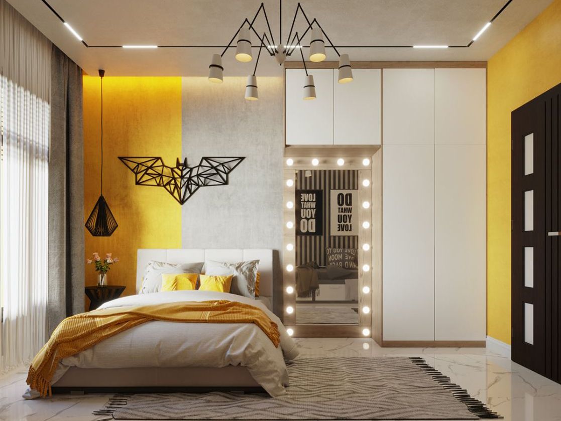 Phòng ngủ hiện đại, với mảng tường vàng nổi bật