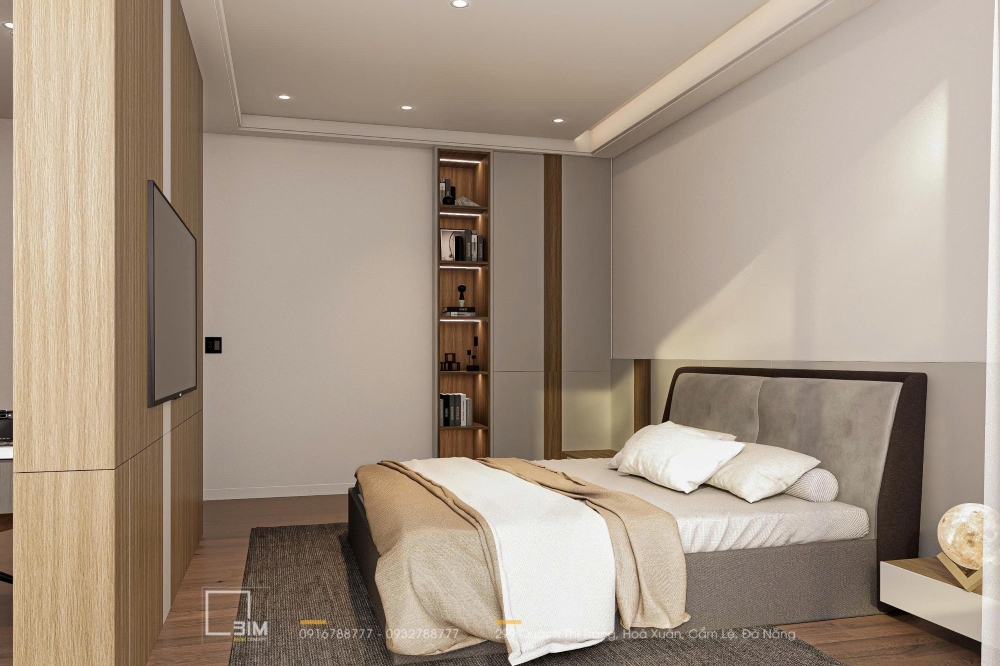 Phòng ngủ hiện đại với tủ âm tường và kệ trang trí