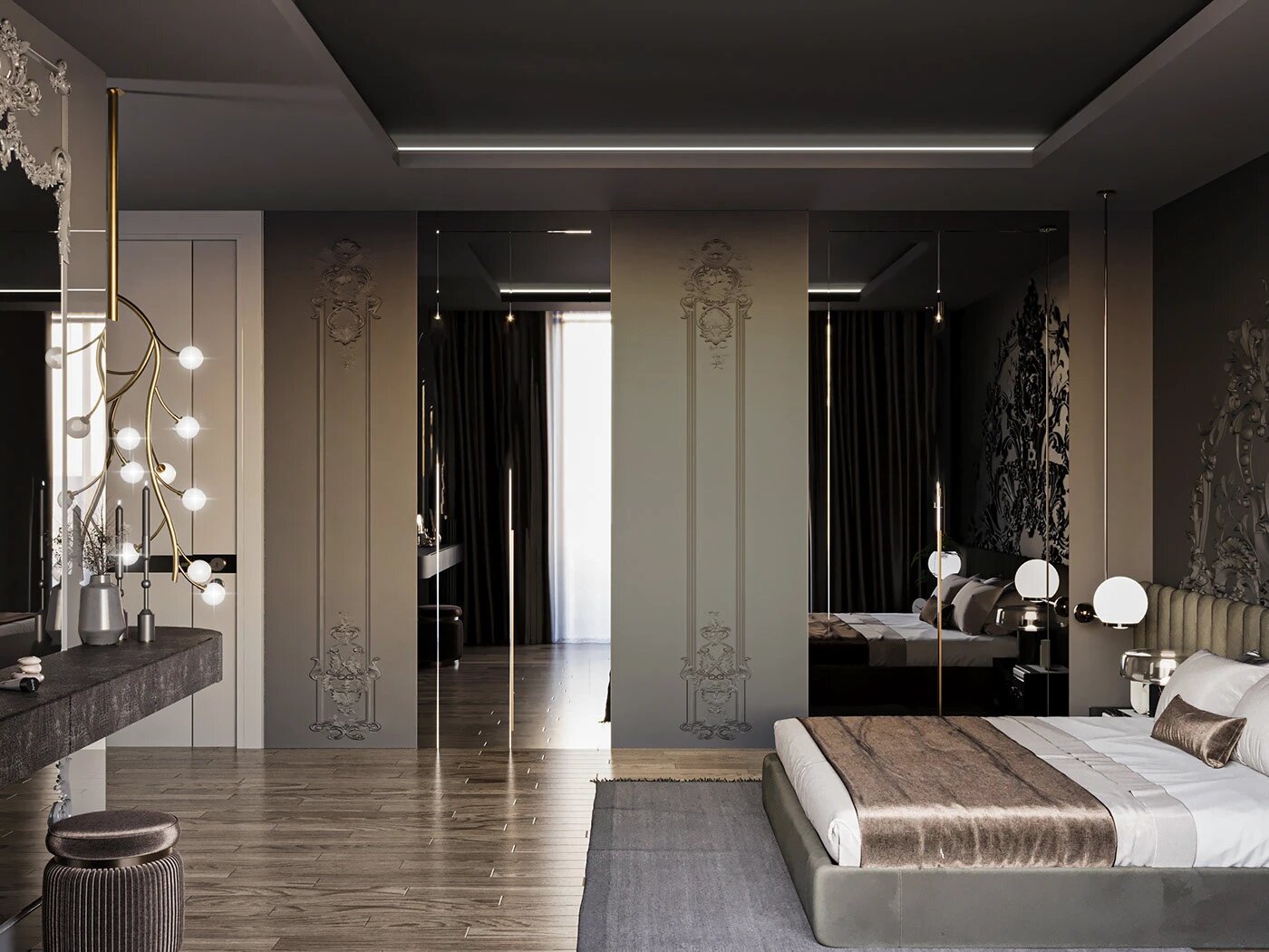Phòng ngủ màu đen hiện đại kết hợp mảng gỗ ấm áp