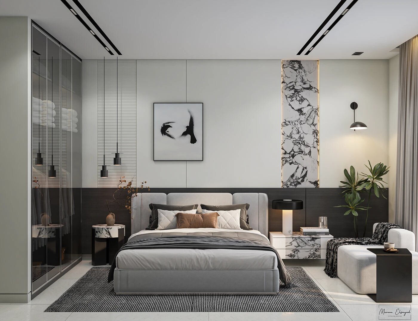 Phòng ngủ màu đen hiện đại với tranh nghệ thuật