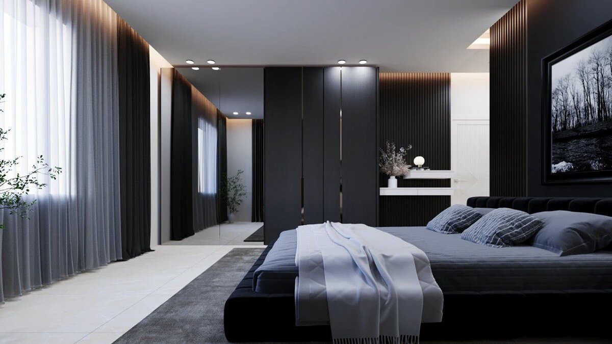 Phòng ngủ màu đen tối giản, hiện đại và tiện nghi