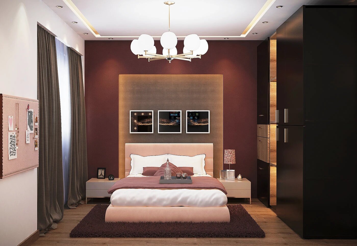 Phòng ngủ màu đỏ ấm áp, với tủ quần áo cánh trượt