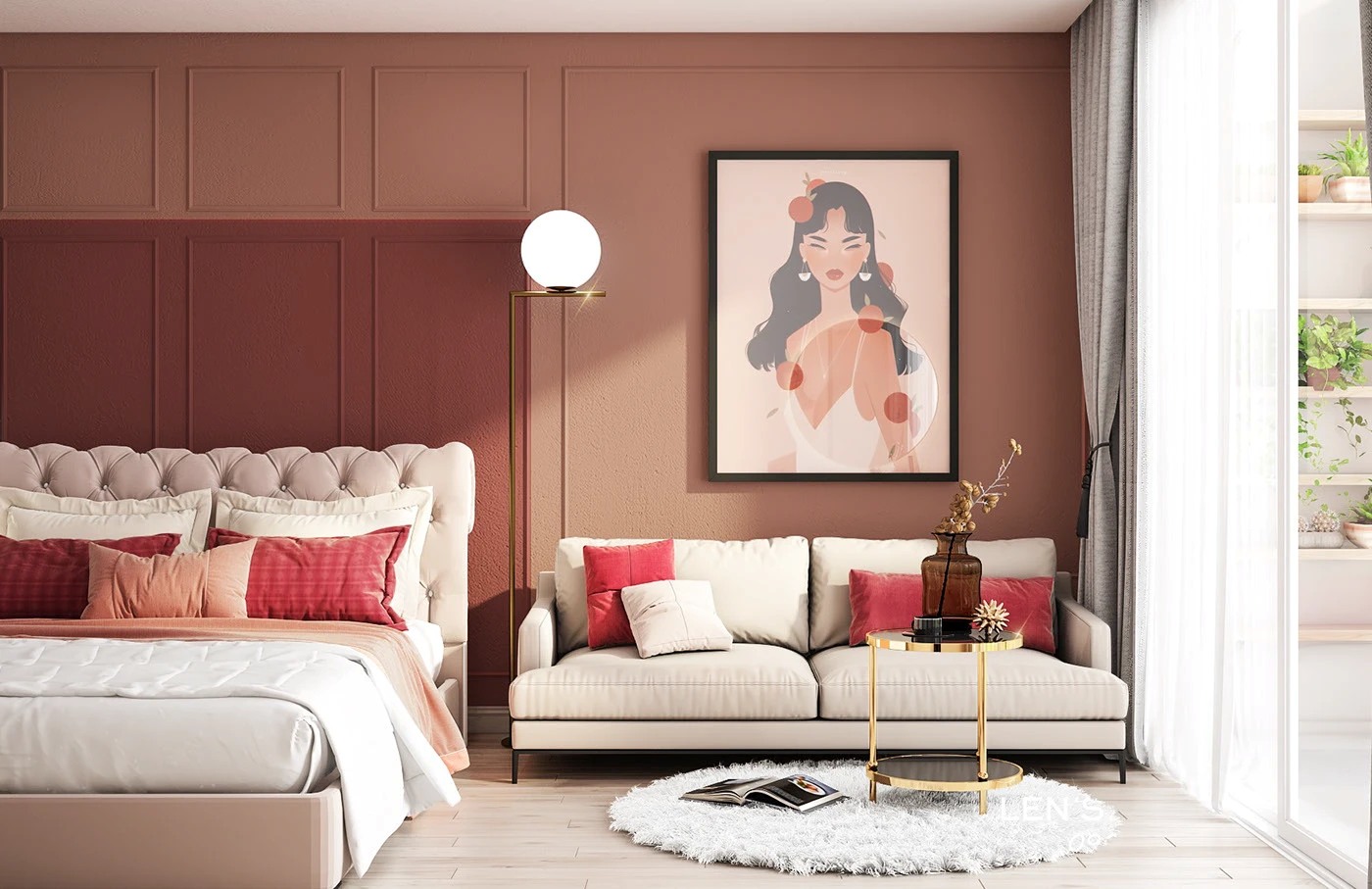 Phòng ngủ có màu đỏ nhạt với sofa và tranh nghệ thuật
