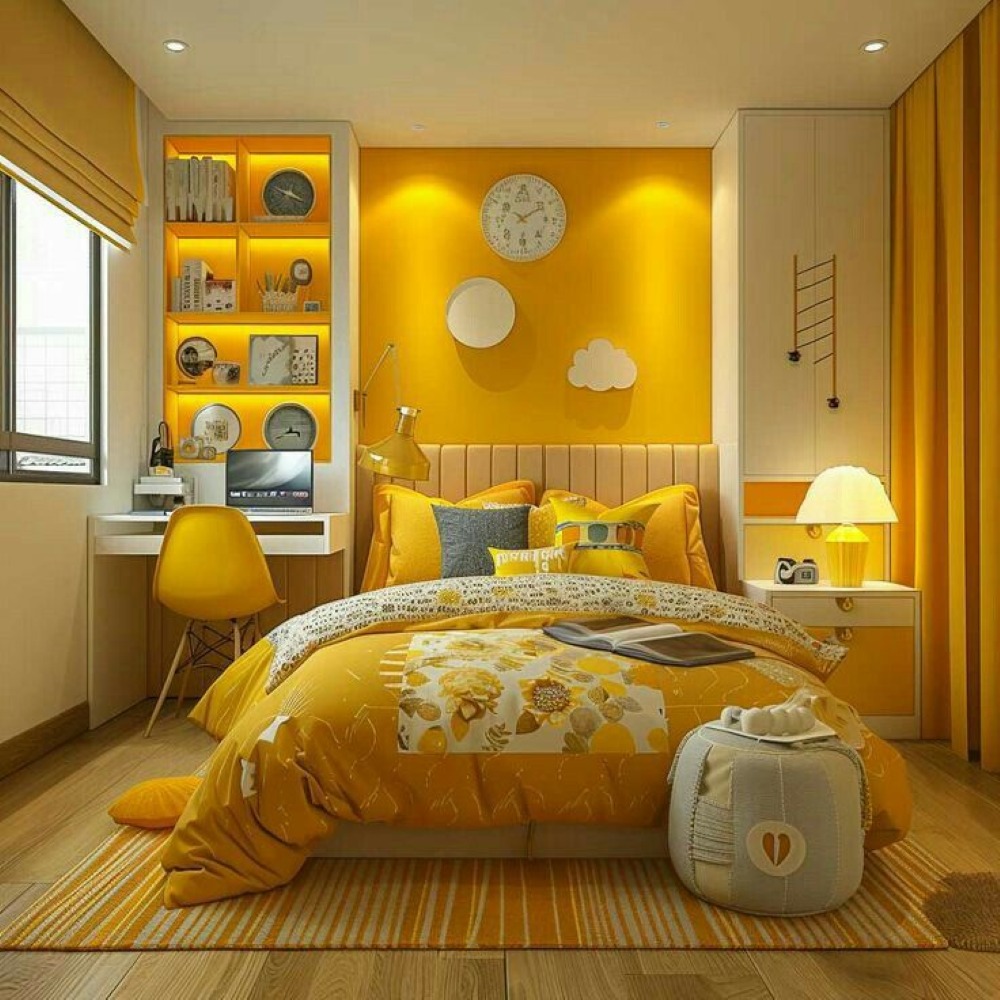 Phòng ngủ màu vàng đậm cá tính và tràn đầy năng lượng