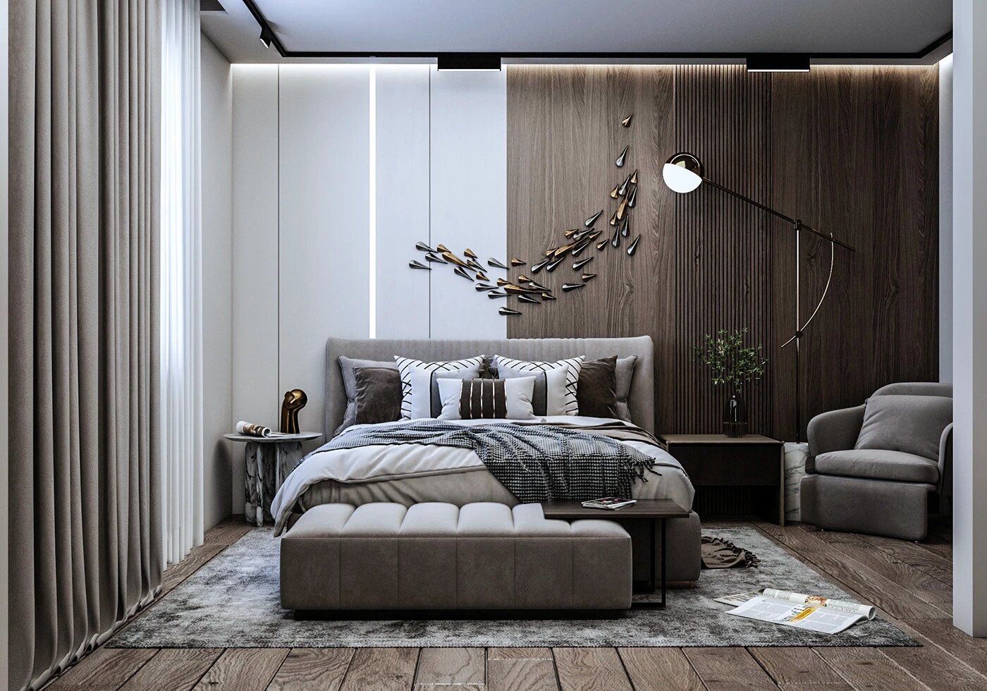 Phòng ngủ màu xám với trnag trí tường độc đáo