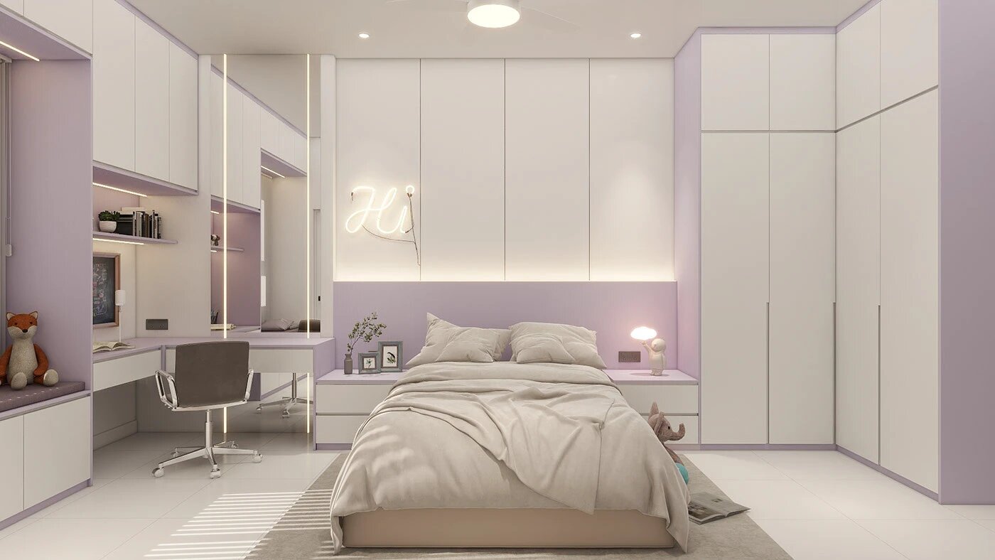 Phòng ngủ nhỏ gọn, hiện đại với tông tím pastel