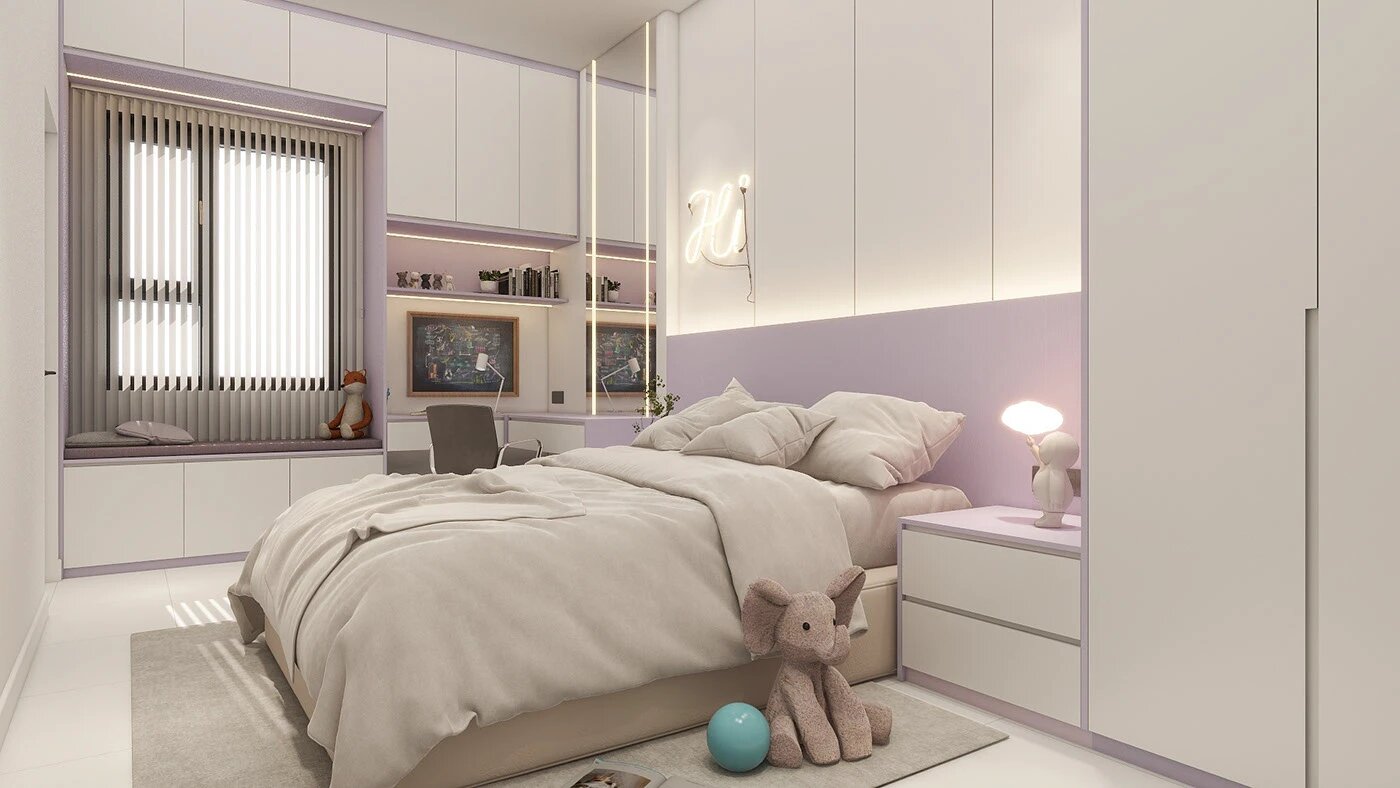 Phòng ngủ màu tím pastel tối giản