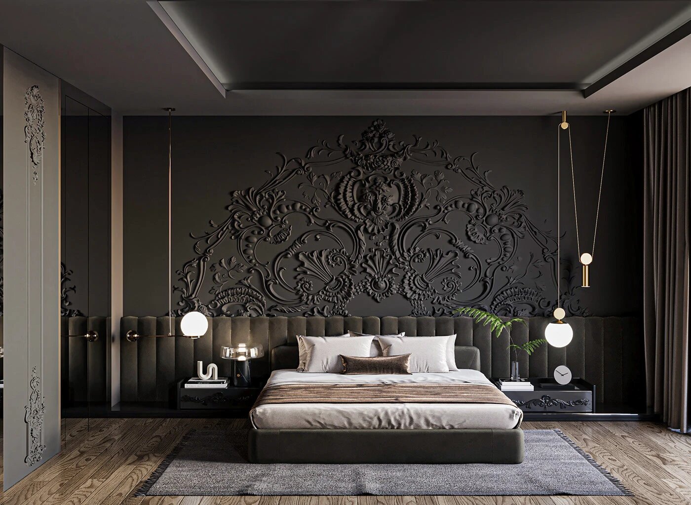 Phòng ngủ với bức tường chạm khắc hoa văn