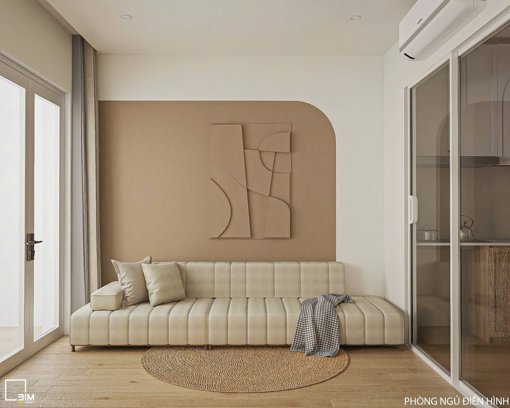 Phòng ngủ với ghế sofa, tường nghệ thuật phong cách tối giản