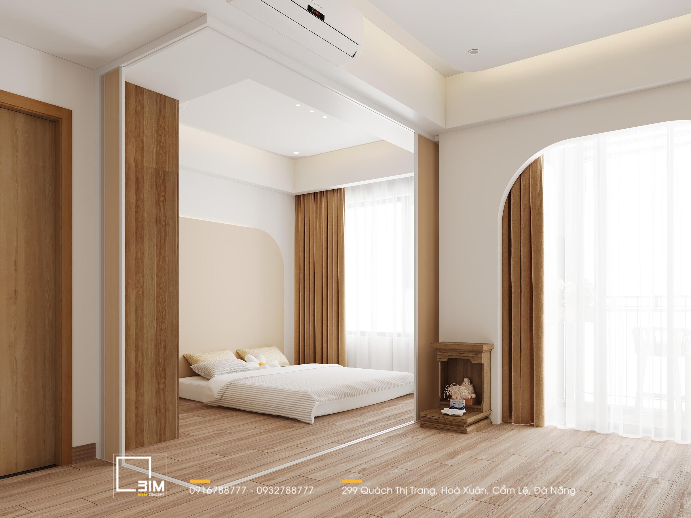 Phòng ngủ với giường sàn, cửa sổ rộng rãi