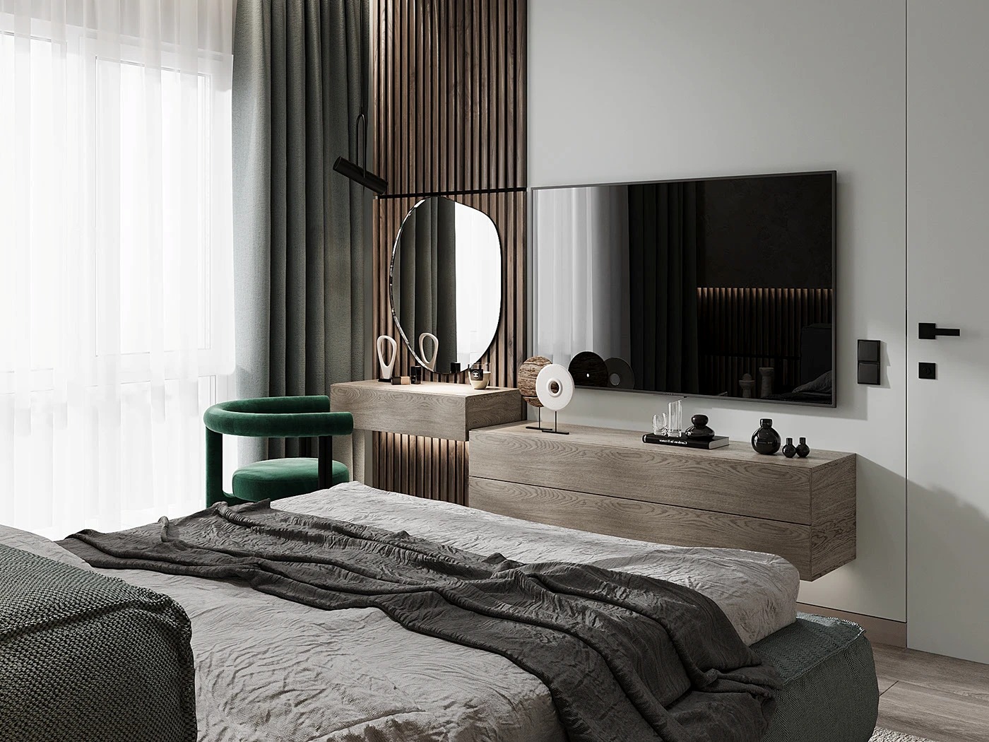 Phòng ngủ với tivi treo tường lớn