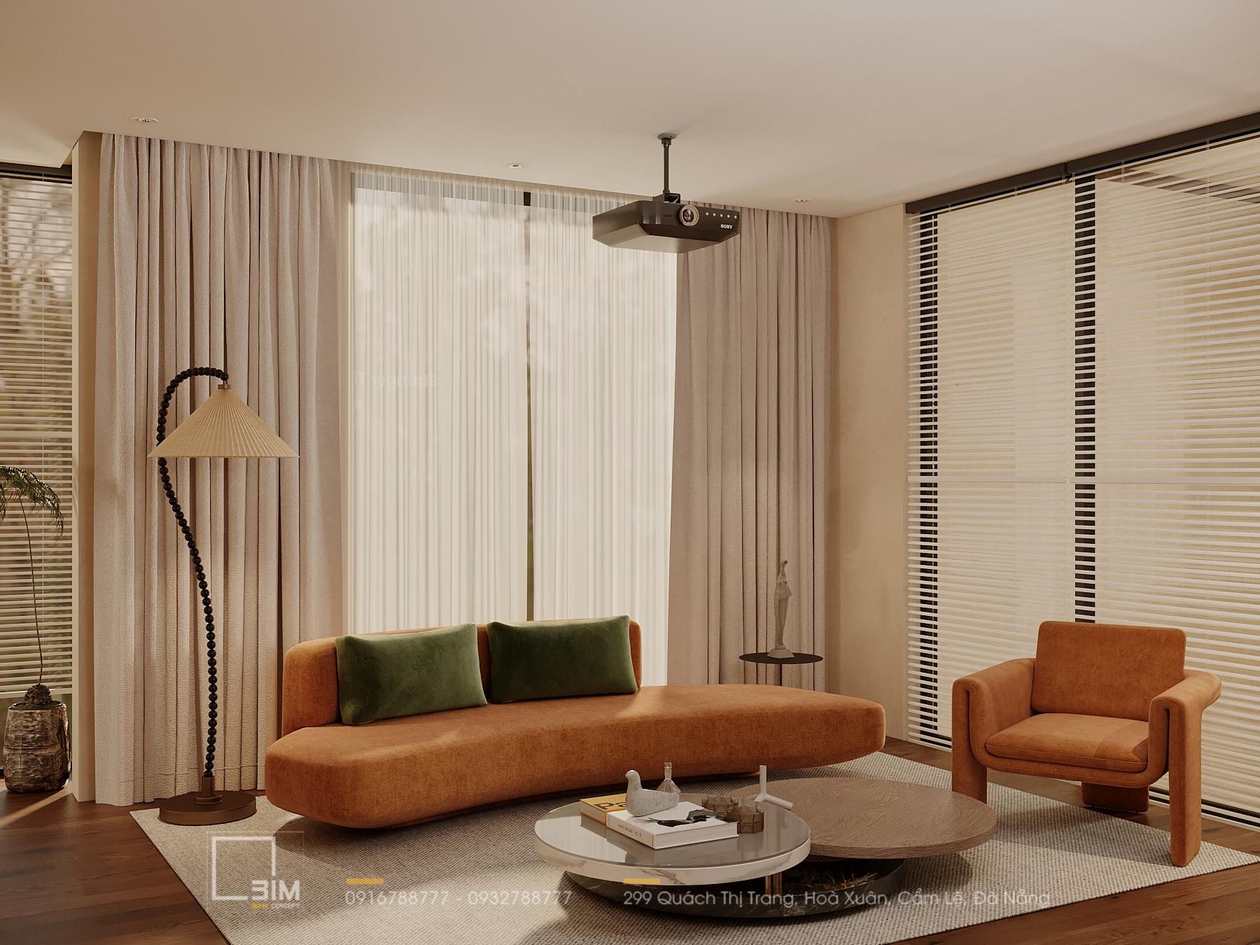 Sofa cong màu cam đất, ghế đơn tinh tế, đèn sàn độc đáo