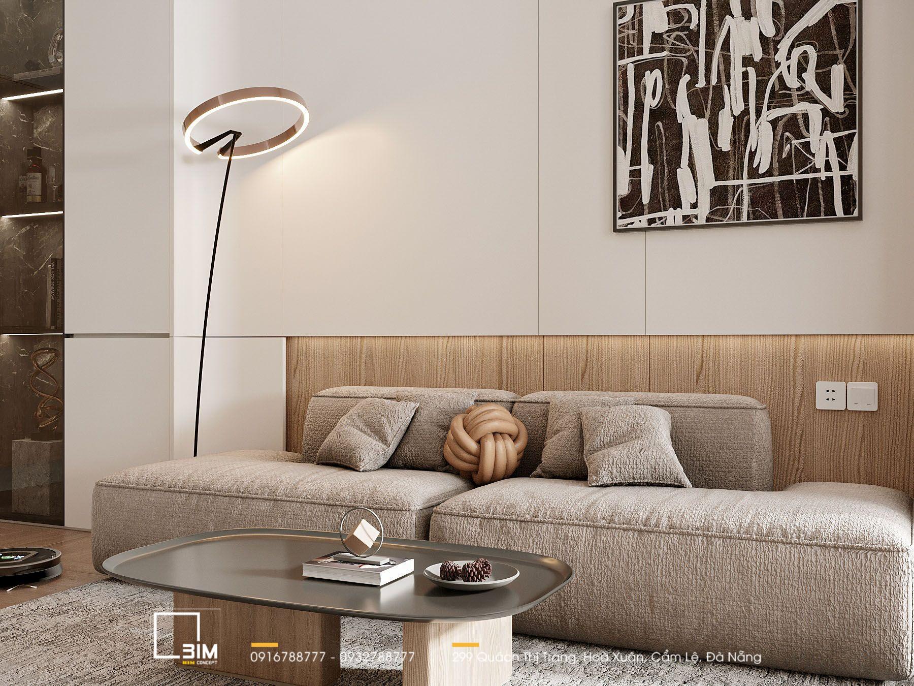 Sofa phòng khách với gối tựa độc đáo và đèn sàn