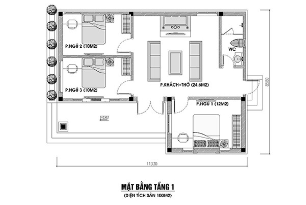 Thiết kế nhà cấp 4 100m2 với mái nhật gồm 3 phòng ngủ