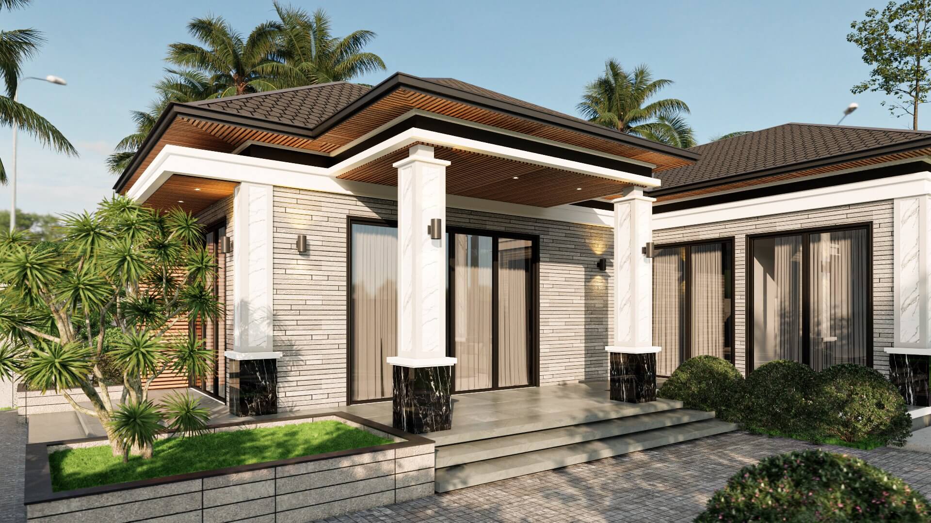 Thiết kế nhà vườn cấp 4 có sảnh phụ và cây xanh