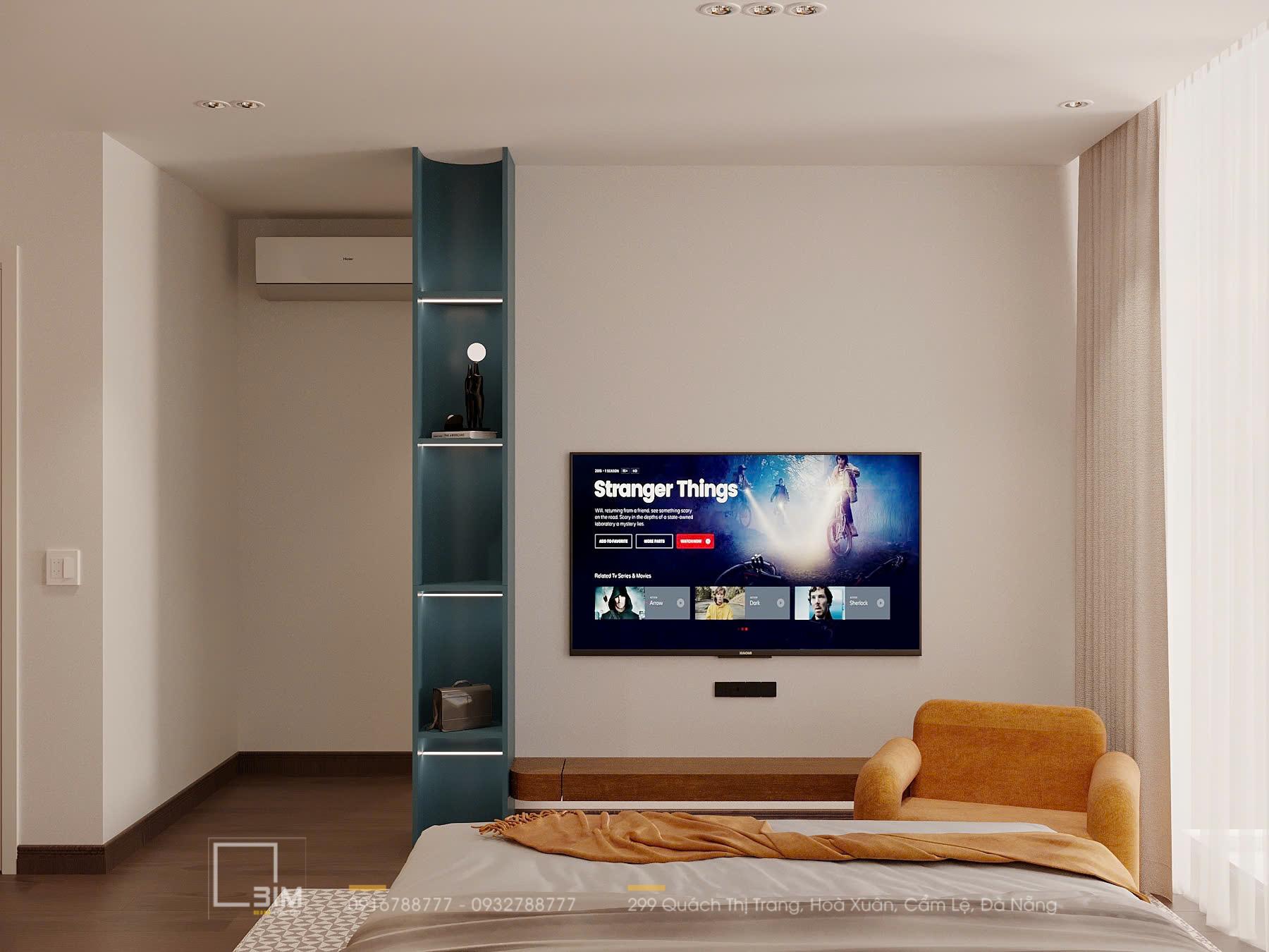 Thiết kế nội thất biệt thự cao cấp với kệ trang trí cong, TV treo tường