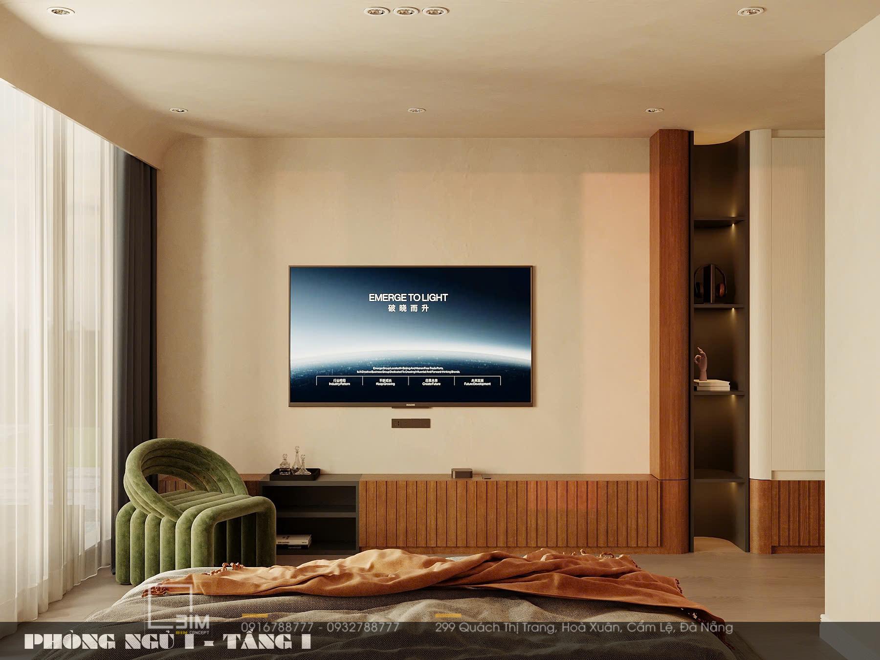 Thiết kế nội thất biệt thự cao cấp với kệ TV gỗ sọc, ghế sofa lượn sóng
