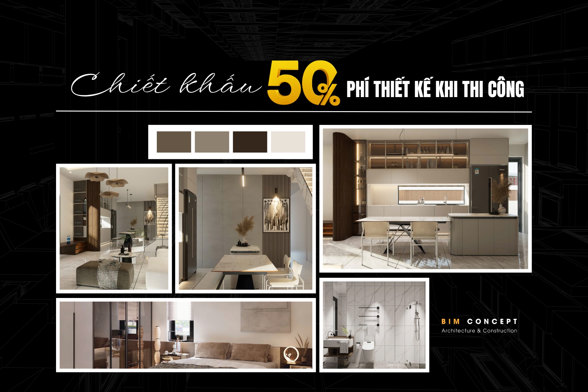 Khi chọn dịch vụ trọn gói thiết kế và thi công tại Bim Concept, khách hàng sẽ tiết kiệm 50 % chi phí thiết kế