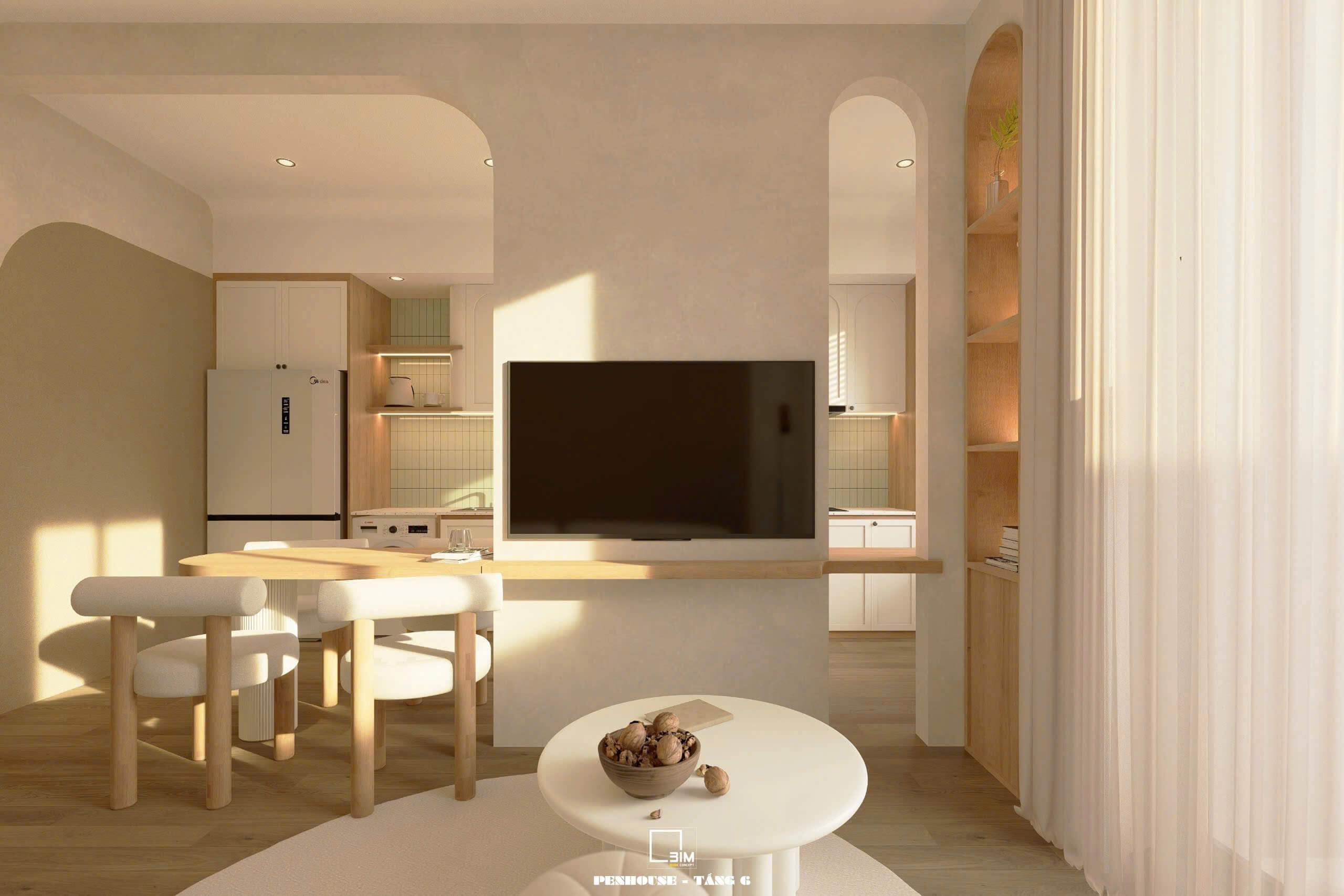 Thiết kế nội thất căn hộ penthouse với bếp và phòng ăn hiện đại, ấm cúng