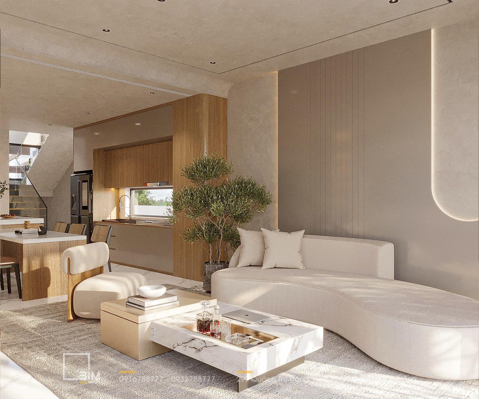 Thiết kế nội thất phòng khách, sofa và cây cảnh