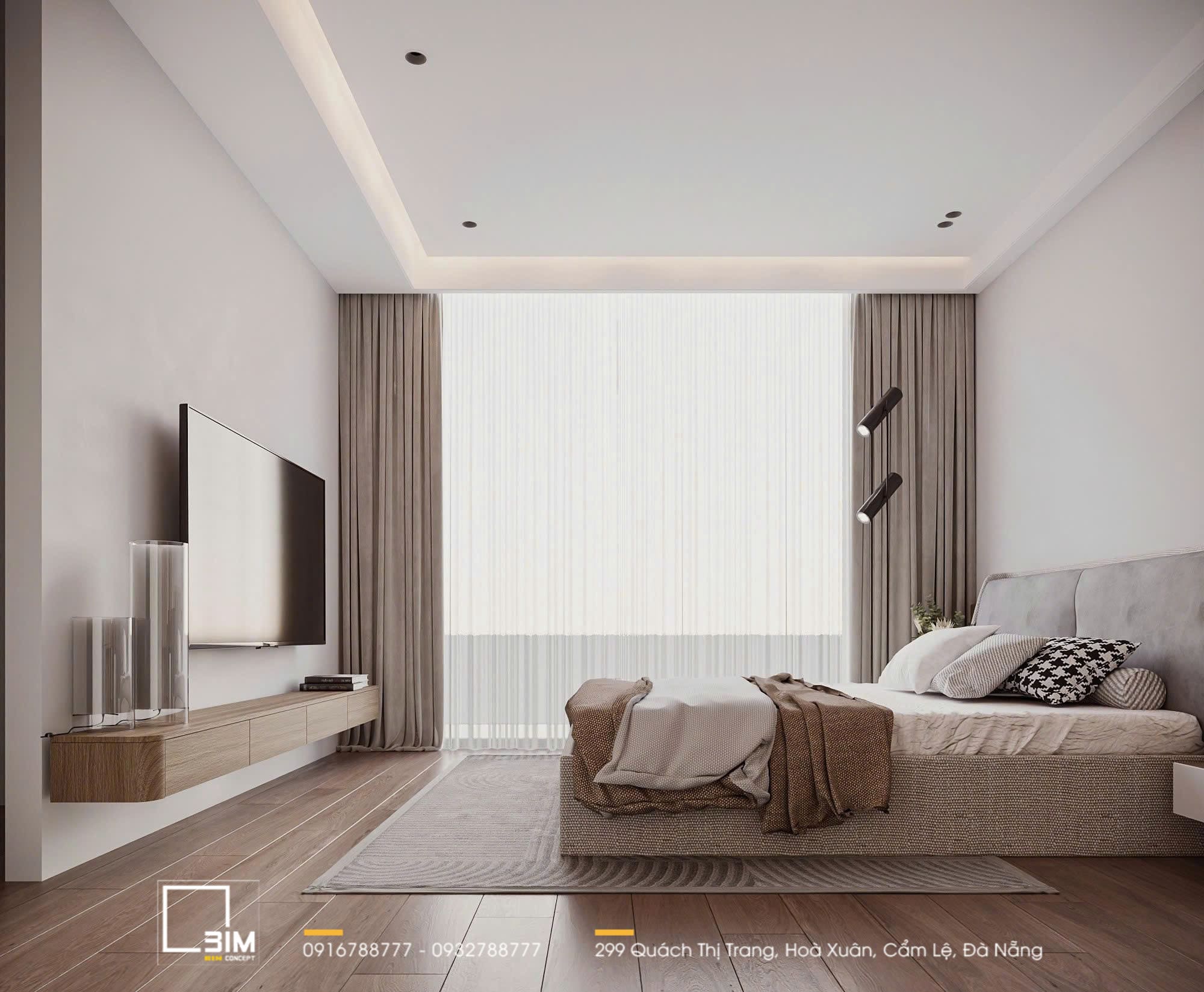 Thiết kế phòng ngủ hiện đại với cửa sổ lớn, tối giản