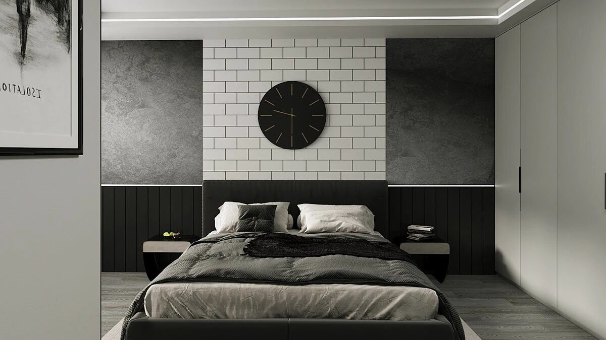 Phòng ngủ ường gạch và đồng hồ treo tường lớn