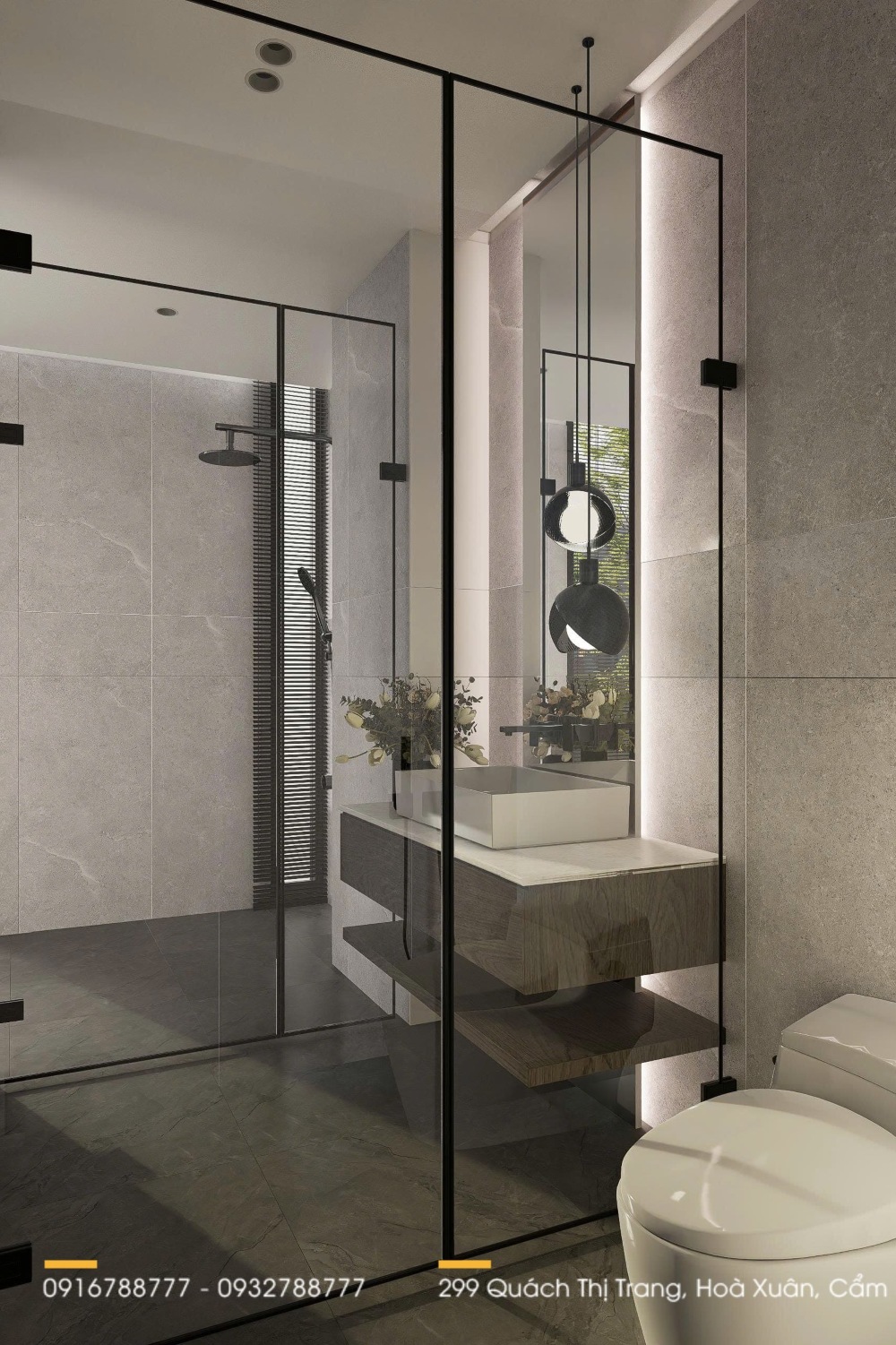 Thiết kế phòng tắm vách kính, lavabo treo và gương