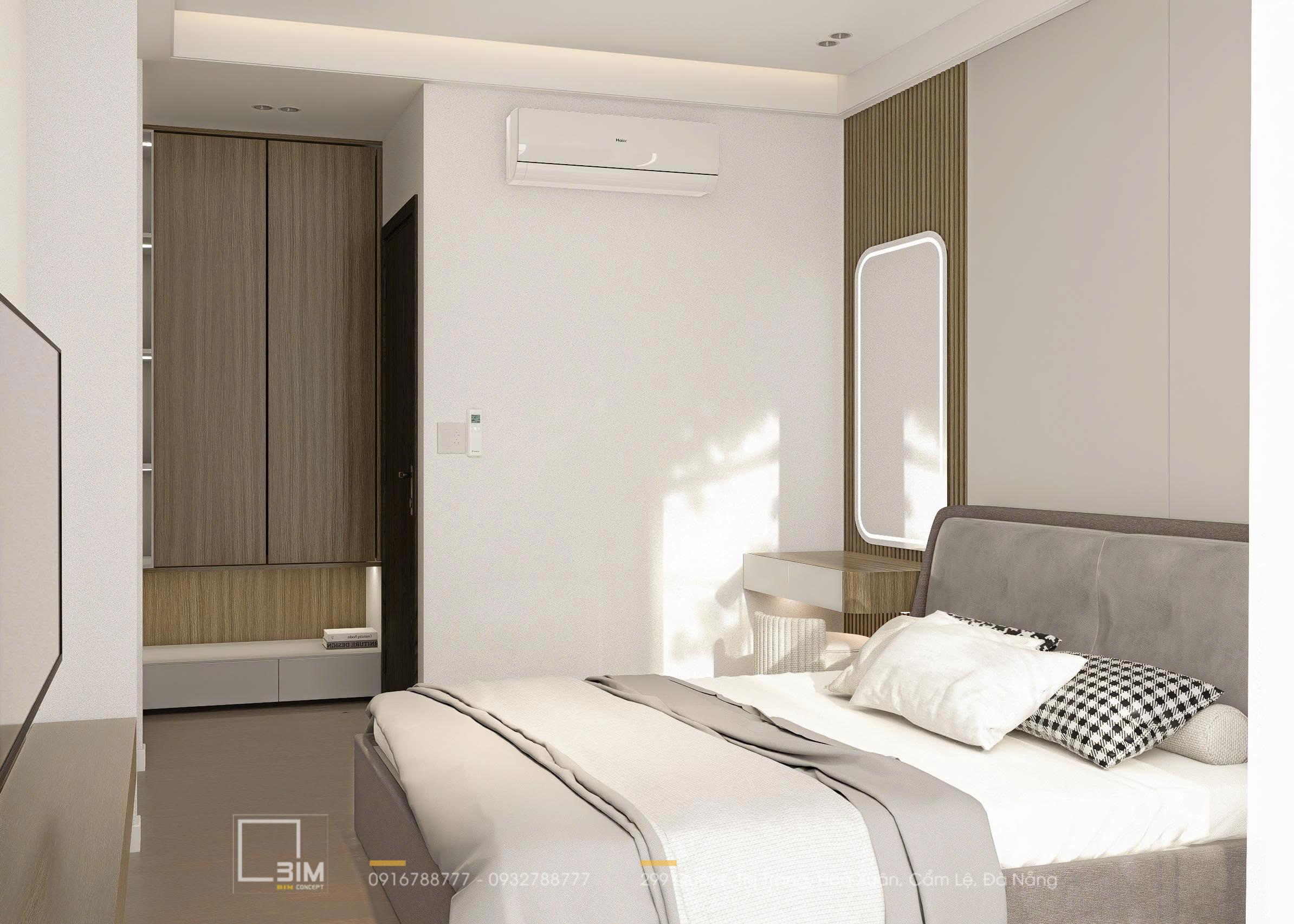 Tủ quần áo âm tường và điều hòa trong phòng ngủ