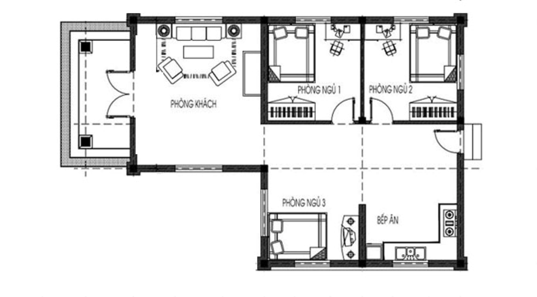 Bản vẽ mặt bằng nhà cấp 4 mái Thái chữ L 3 phòng ngủ